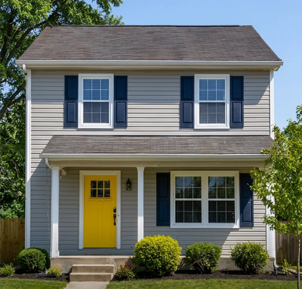 Coliving house facade with a yellow front door