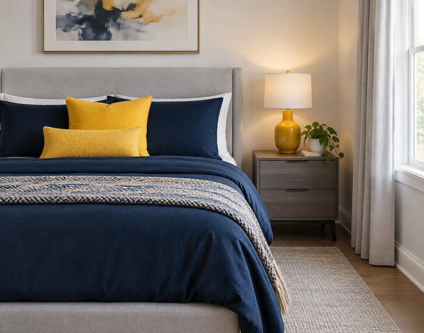 Contemporary bedroom with navy bedding, yellow accent pillows and a yellow bedside lamp