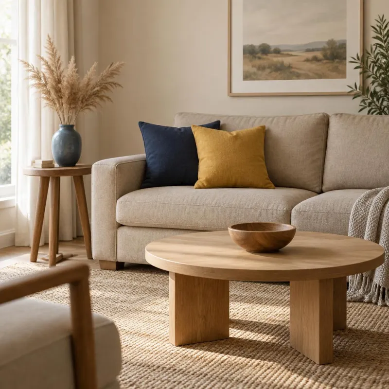 Cozy coliving living room with a beige sofa, navy and yellow cushions and a light wood coffee table