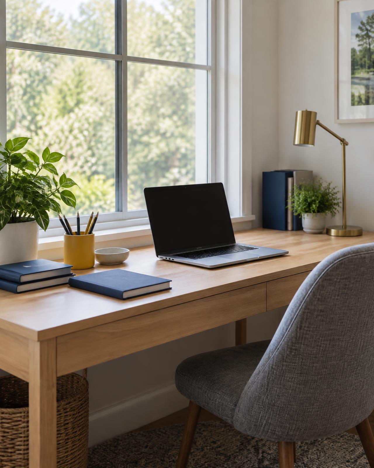 Small home office with a light wooden desk by the window, gray chair, open laptop, navy notebooks, and a yellow pencil holder