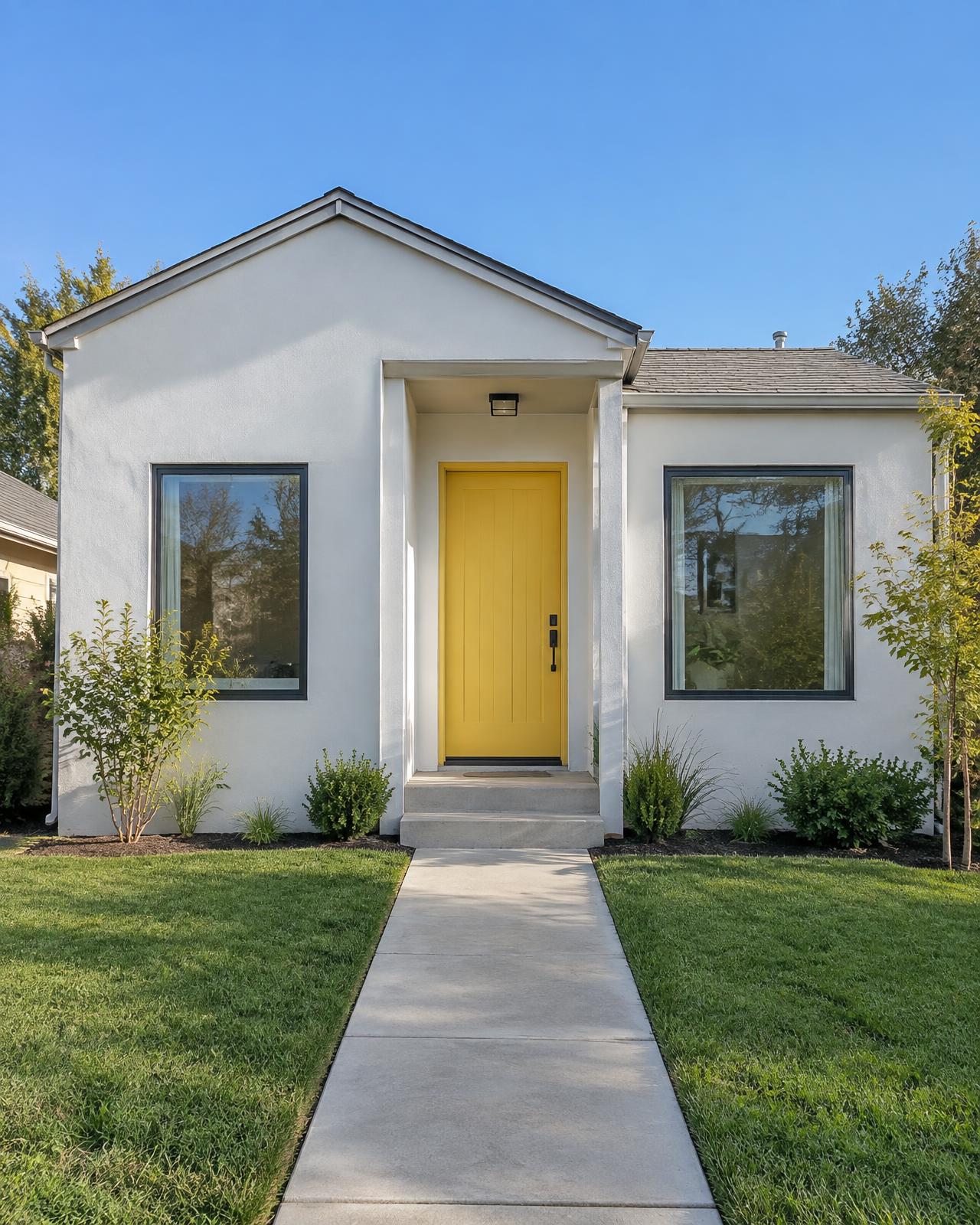 Simple white single-story house with a bright yellow front door, small porch, green lawn, and a concrete walkway